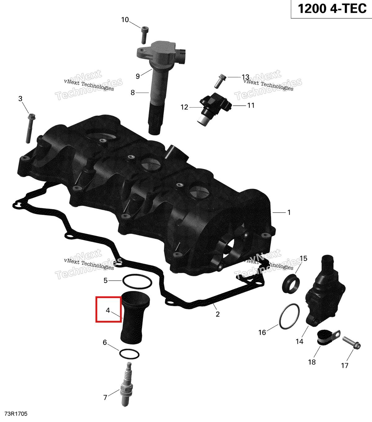 Деталь 420460585 (Деталь Spark Plug Pipe Ass'y. Includes 4 To 6) на схеме узла 2019 Ski-Doo EXPEDITION LE-SE 1200 4-TEC Valve Cover - 1200Itc 4-Tec
