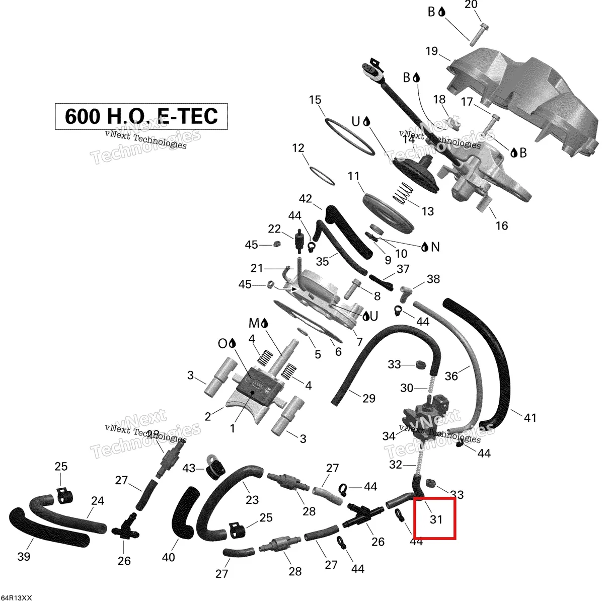 Деталь 420460852 (Деталь Pressure Line, 80 Mm) на схеме узла 2013 Ski-Doo EXPEDITION LE 600HOE, REV XU 3D Rave