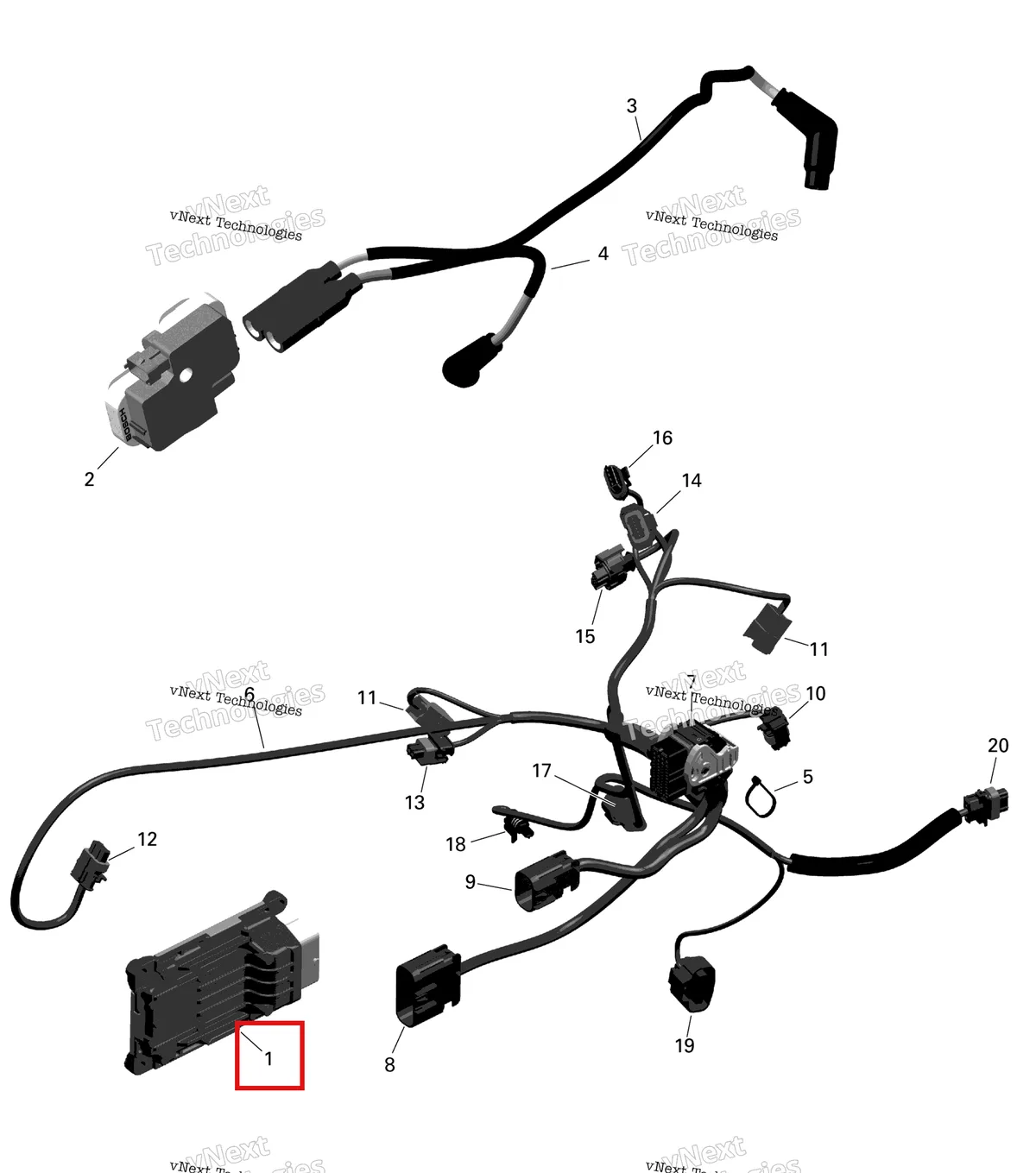 Деталь 420464058 на схеме узла 2024 Can-Am Outlander MAX 650 EFI 6X6 - 5YRA - DPS Package - Tundra Green Rotax - Engine Harness And Electronic Module