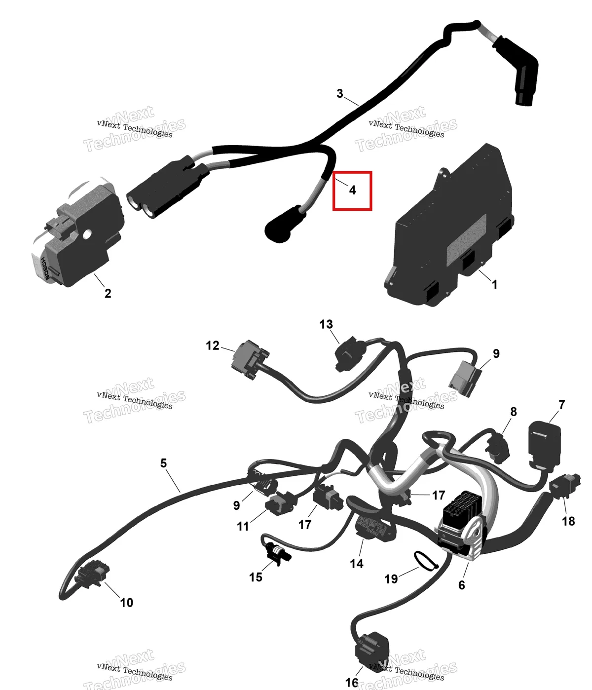 Деталь 420464152 (Свеча зажигания трос 315 мм магнето SAE Can-Am Outlander 570 EFI XT (2022) (420464152)) на схеме узла 2026 Can-Am RENEGADE - 4X4 - XMR - 1000R EFI - 5UTA - Hyper Silver Rotax - Engine Harness And Electronic Module