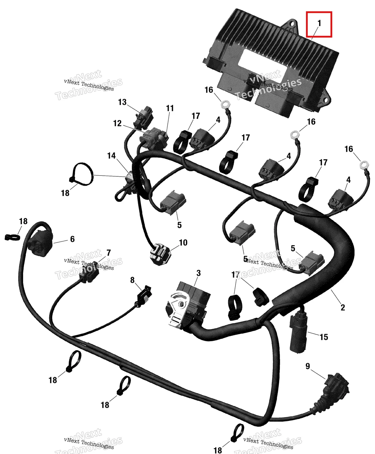Деталь 420464258 на схеме узла 2019 Sea-Doo GTR 230 Engine Harness And Electronic Module
