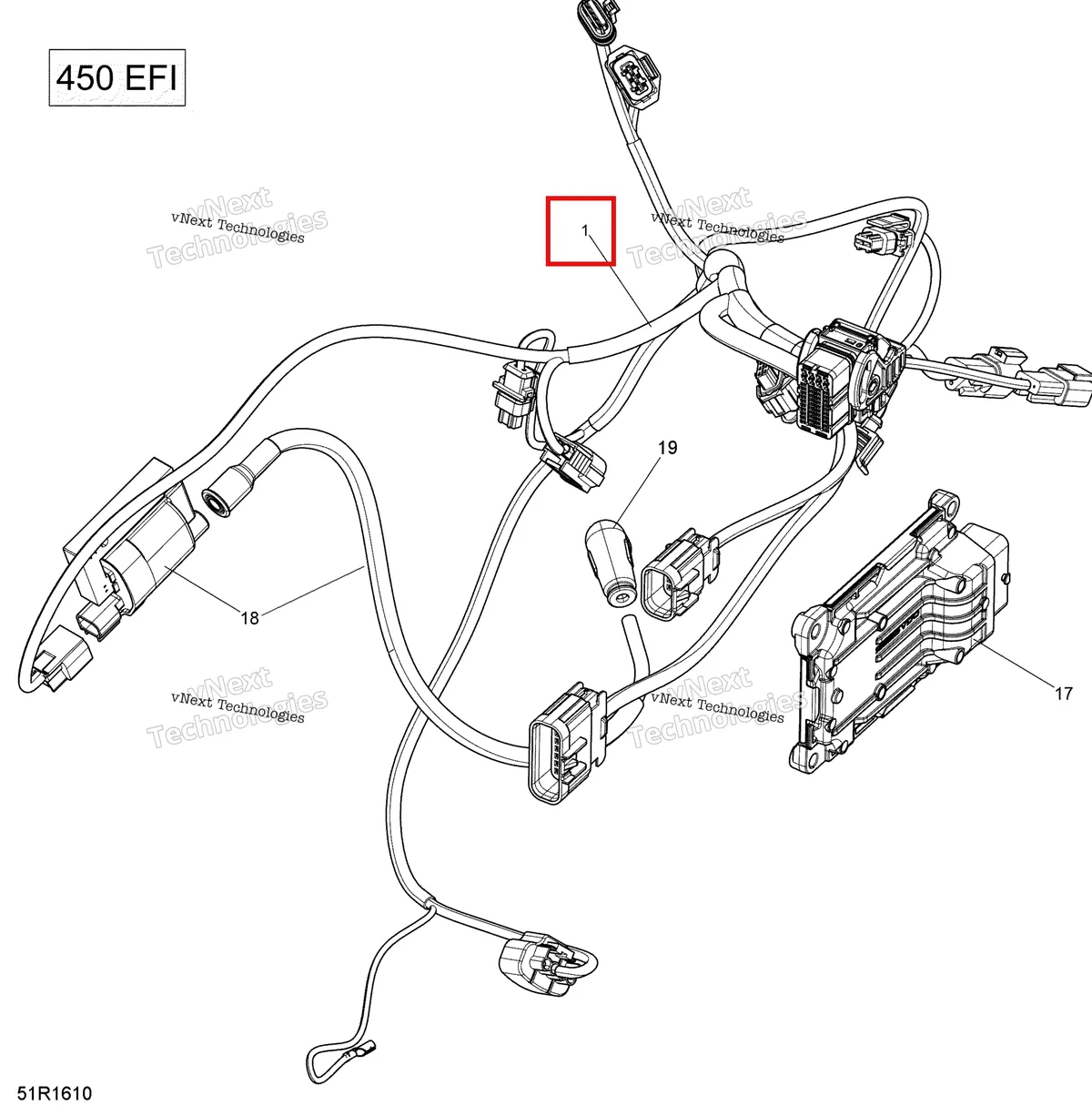 Деталь 420464330 на схеме узла 2018 Can-Am OUTLANDER - 4X4 - DPS - 450 EFI - 2WJD - Orange Crush - CALI Rotax - Engine Harness And Electronic Module