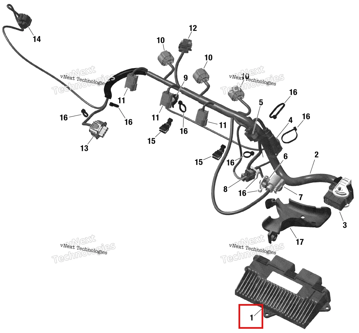 Деталь 420464390 на схеме узла 2022 Sea-Doo SPARK 900 ACE Rotax - Engine Harness And Electronic Module - 90 Hp