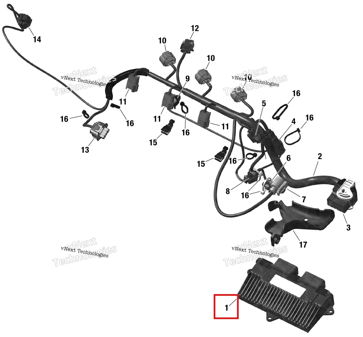 Деталь 420464393 на схеме узла 2019 Sea-Doo GTI 90 Engine Harness And Electronic Module - 903 - Gti