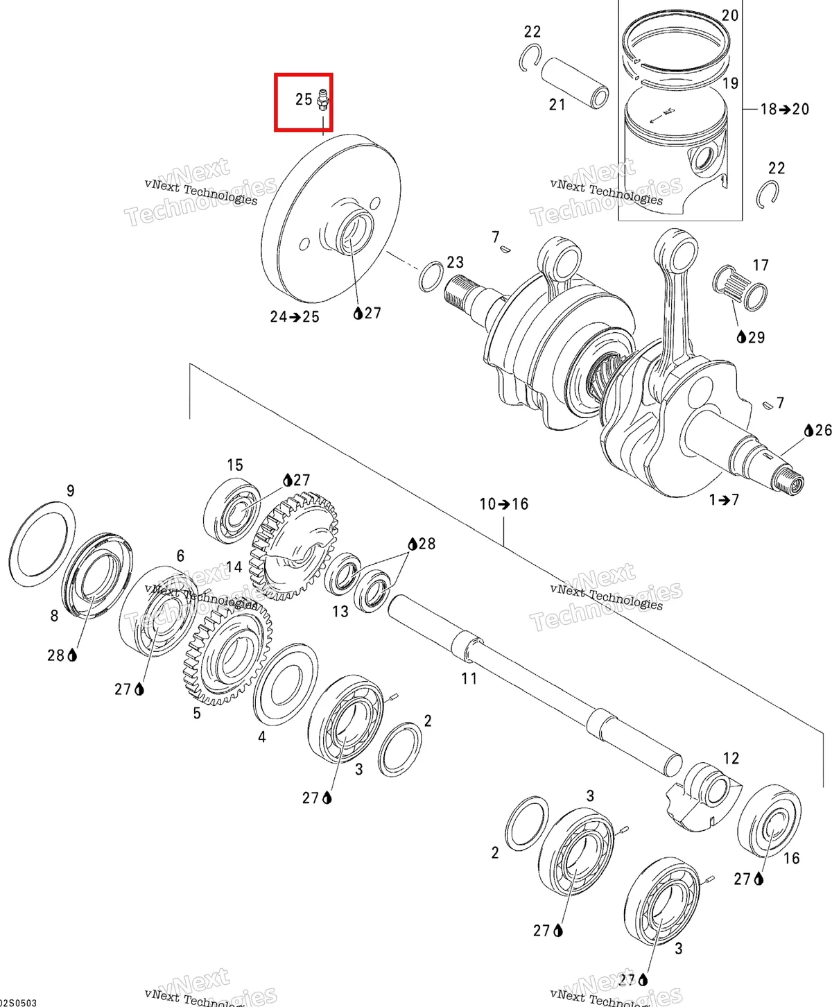 Деталь 420499113 на схеме узла 2005 Sea-Doo GTI LE RFI Crankshaft, Pistons And Balance Shaft