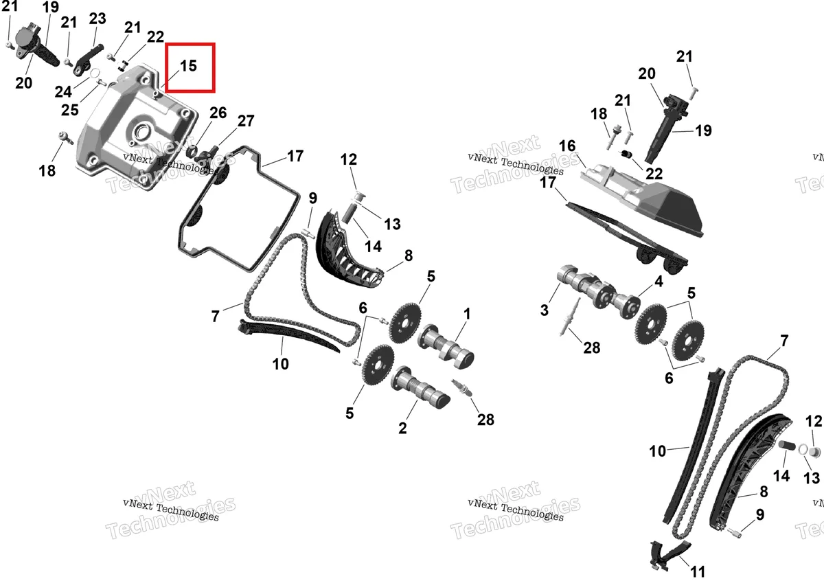Деталь 420610181 (Клапанная крышка Can-Am Outlander 4x4 XT 1000R (2025) (420610181)) на схеме узла 2026 Can-Am OUTLANDER - 4X4 - BACKCOUNTRY - 1000R - 4NTA - CALI - Dark Camo Rotax - Valve Train