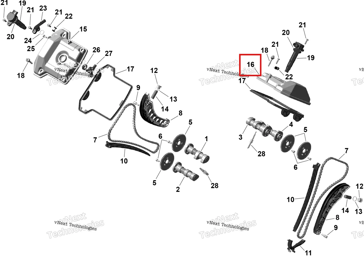 Деталь 420610182 (Клапанная крышка Can-Am Outlander 4x4 XT 1000R (2025) (420610182)) на схеме узла 2026 Can-Am OUTLANDER - 4X4 - BACKCOUNTRY - 1000R - 4NTA - CALI - Dark Camo Rotax - Valve Train