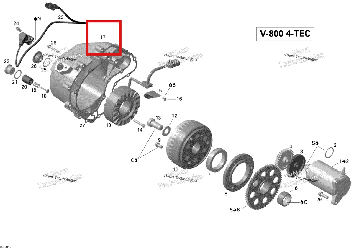 Деталь 420611133 (Крышка Зажигания) на схеме узла 2012 Ski-Doo Skandic SWT V800 YetiII Magneto And Electric Starter