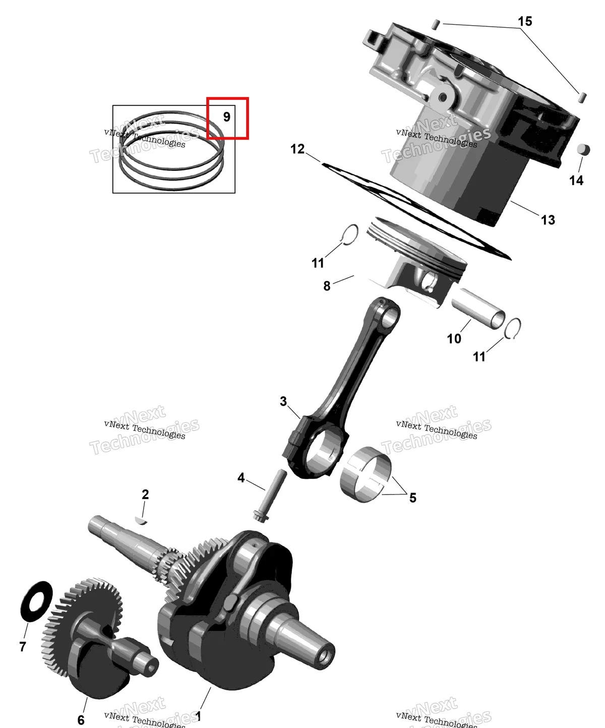 Деталь 420615180 (Поршневое кольцо комплект Can-Am Outlander 4x4 DPS 700 (2025) (420615180)) на схеме узла 2026 Can-Am OUTLANDER - 2X4 - STD - 500 - 1KTB - Legion Red Rotax - Crankshaft, Pistons And Cylinder