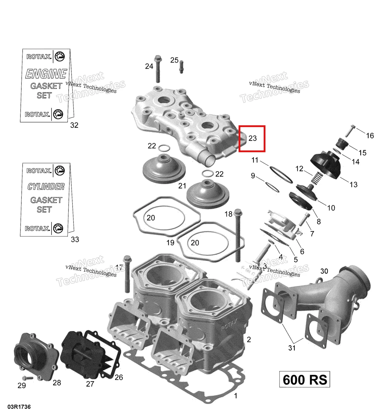 Деталь 420623545 (Цилиндр) на схеме узла 2017 Ski-Doo MXZ 600 RS Cylinder, Exhaust Manifold And Reed Valve