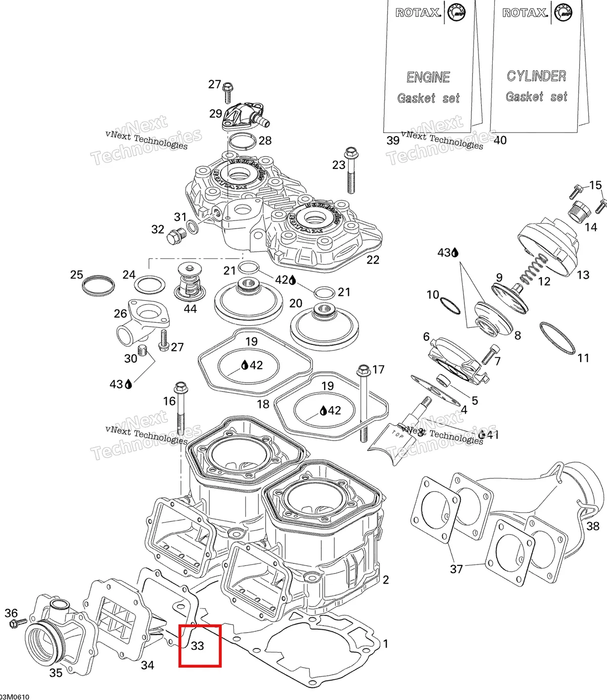 Деталь 420630810 (Прокладка) на схеме узла 2006 Ski-Doo MX Z 440 Racing Cylinder And Exhaust Manifold