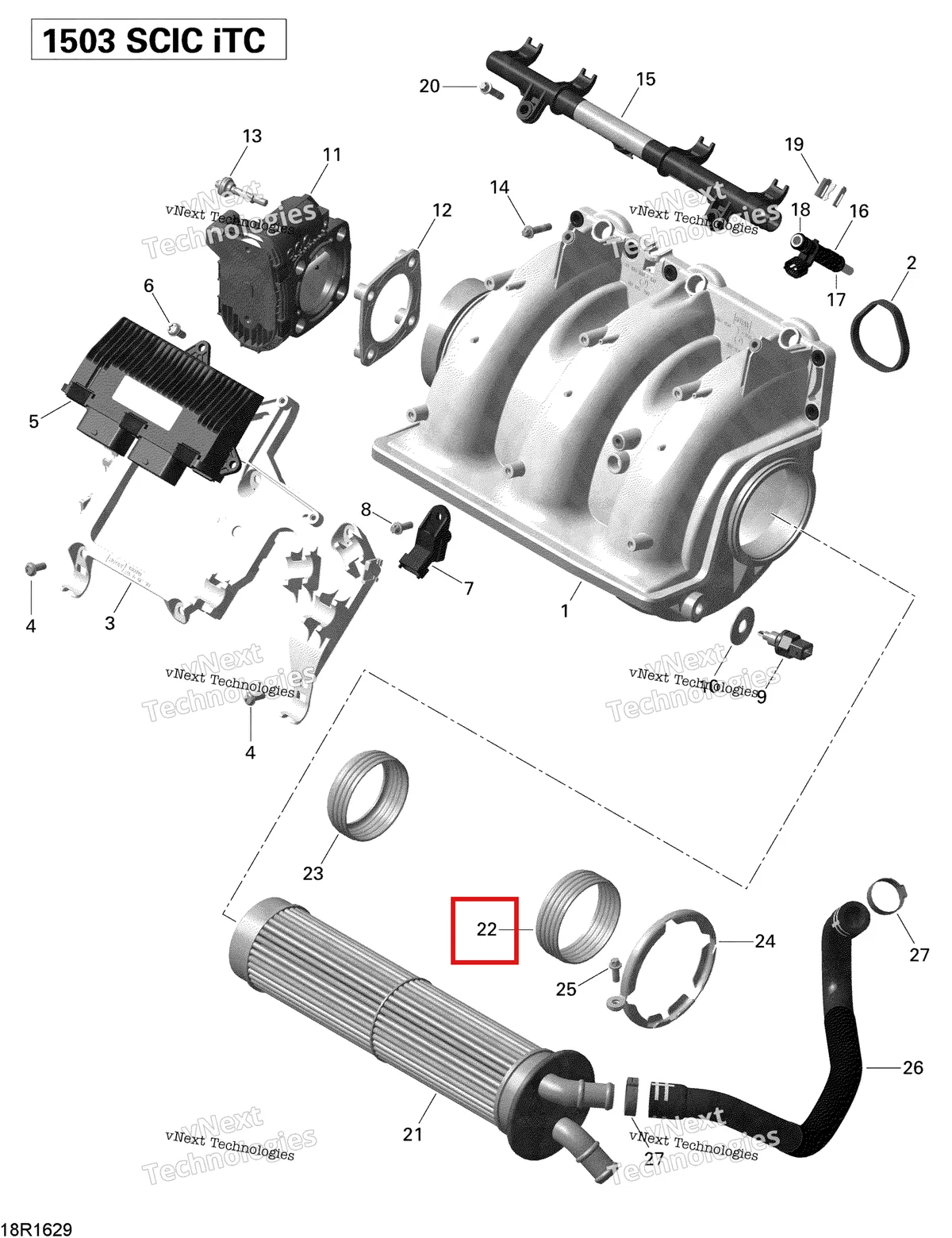 Деталь 420631990 на схеме узла 2016 Sea-Doo GTI-GTR-GTS Air Intake Manifold And Throttle Body - 215