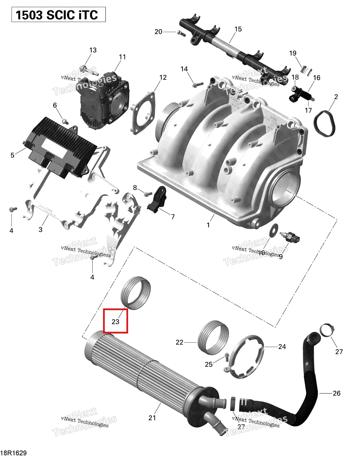Деталь 420631995 на схеме узла 2016 Sea-Doo GTI-GTR-GTS Air Intake Manifold And Throttle Body - 215