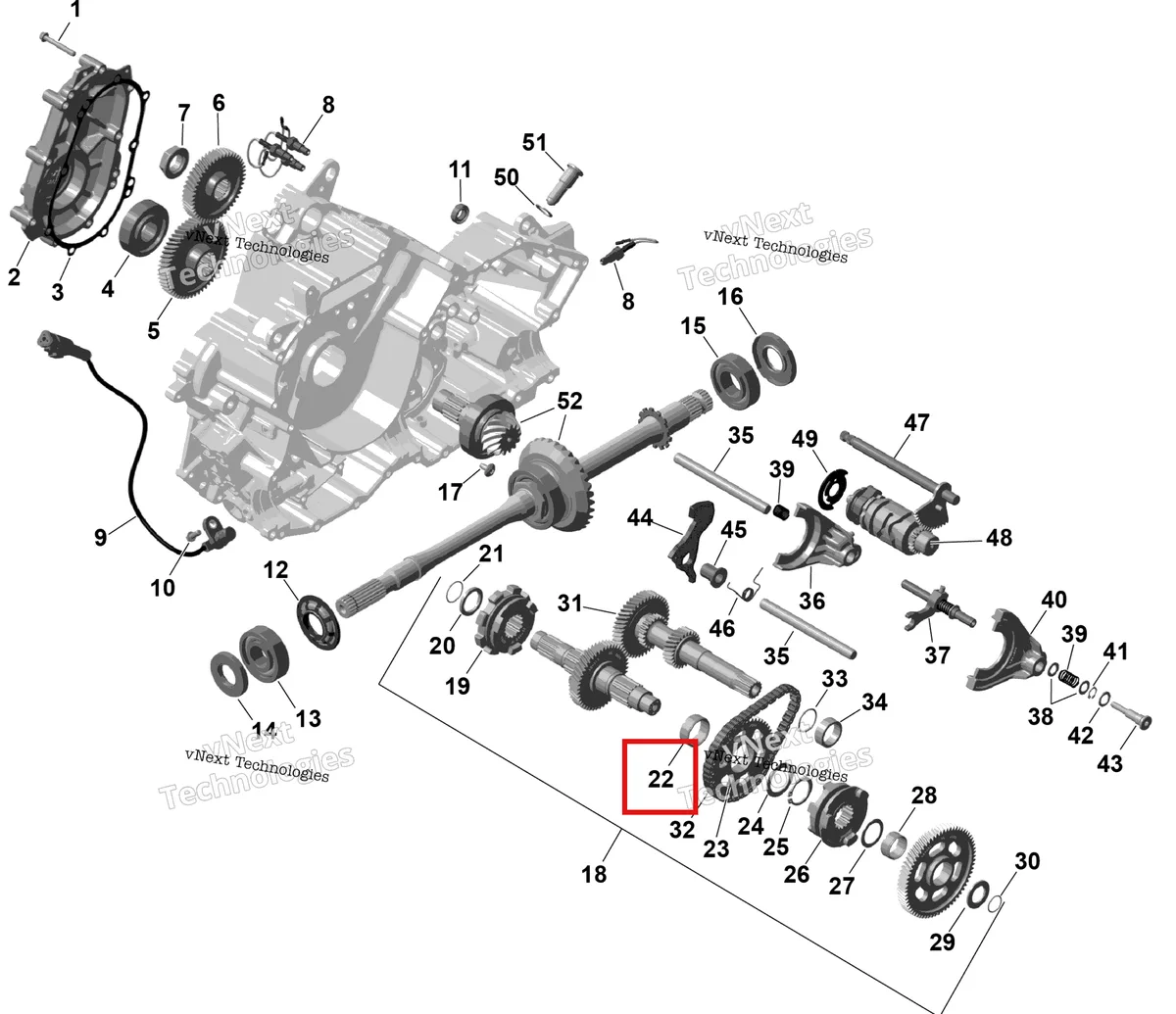 Деталь 420632359 (Игольчатый подшипник Can-Am Outlander 4x4 XT 1000R (2025) (420632359)) на схеме узла 2026 Can-Am OUTLANDER - 2X4 - STD - 500 - 1KTB - Legion Red Rotax - Gearbox