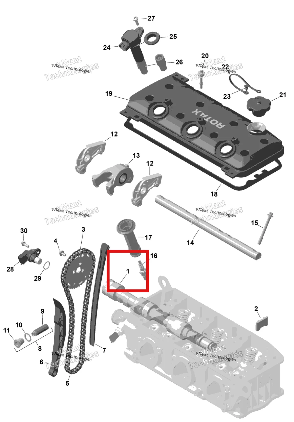 Деталь 420637783 (Распредвал Sea-Doo GTR 300 X (2026) (420637783)) на схеме узла 2026 Sea-Doo GTX - 300 - STD - 15TA - Blue Abyss - Audio Rotax - Valve Train