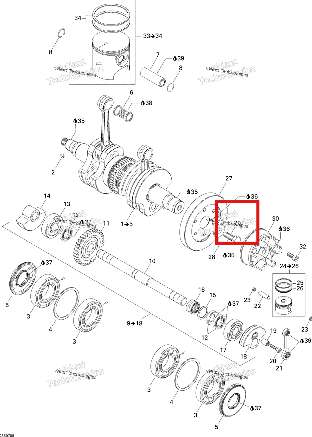 Деталь 420640120 на схеме узла 2007 Sea-Doo 3D 947 DI Crankshaft And Pistons