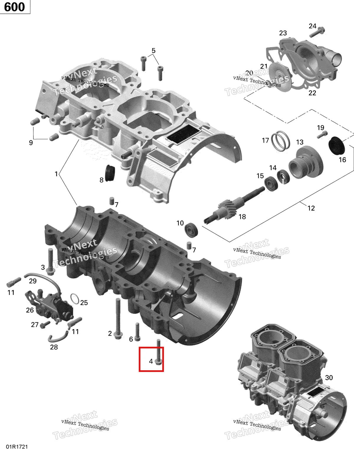 Деталь 420640311 (Деталь Screw M6x45) на схеме узла 2020 Ski-Doo MXZ 600 CARB Engine - Crankcase, Water Pump And Oil Pump - 600 Carb