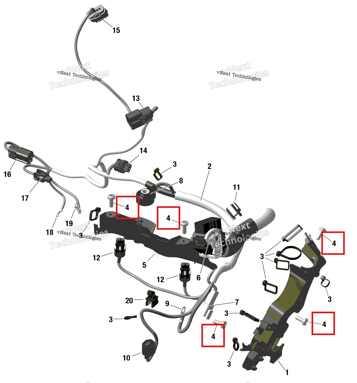 Деталь 420640324 (Деталь Hex. Taptite Screw M6 X 16. Tightening Torque 7-8 Nm) на схеме узла 2023 Ski-Doo BACKCOUNTRY 600R E-TEC - STD Rotax - Engine Harness And Electronic Module