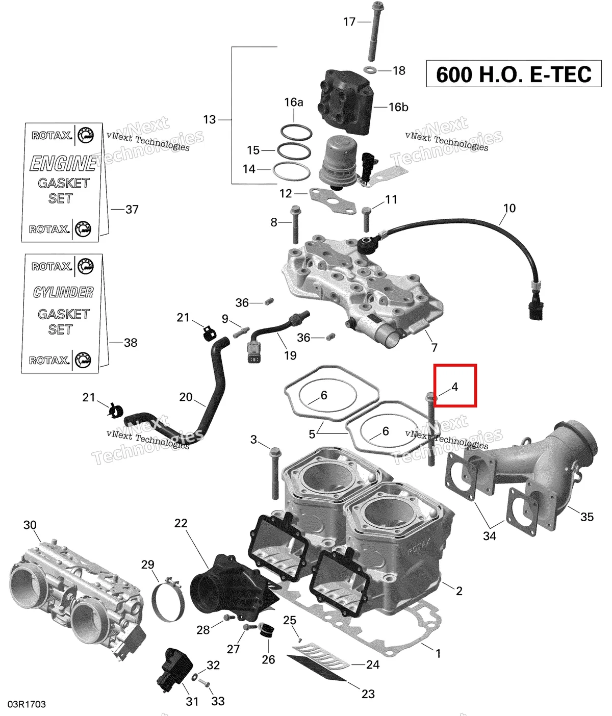 Деталь 420640534 (Деталь Skruv M10 X 120) на схеме узла 2020 Ski-Doo SKANDIC WT 600HO E-TEC Engine - Cylinder And Injection System - 600Ho E-Tec
