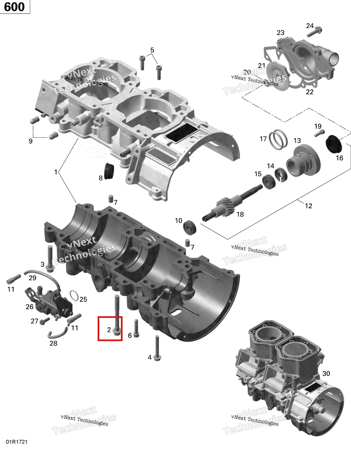 Деталь 420640836 (Деталь Screw M8x75) на схеме узла 2020 Ski-Doo MXZ 600 CARB Engine - Crankcase, Water Pump And Oil Pump - 600 Carb