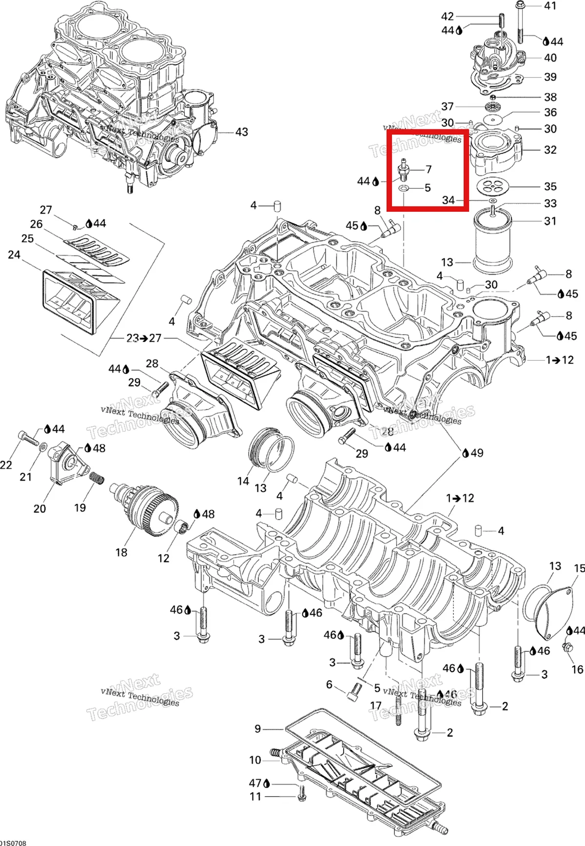 Деталь 420640970 на схеме узла 2007 Sea-Doo 3D 947 DI Crankcase And Reed Valve