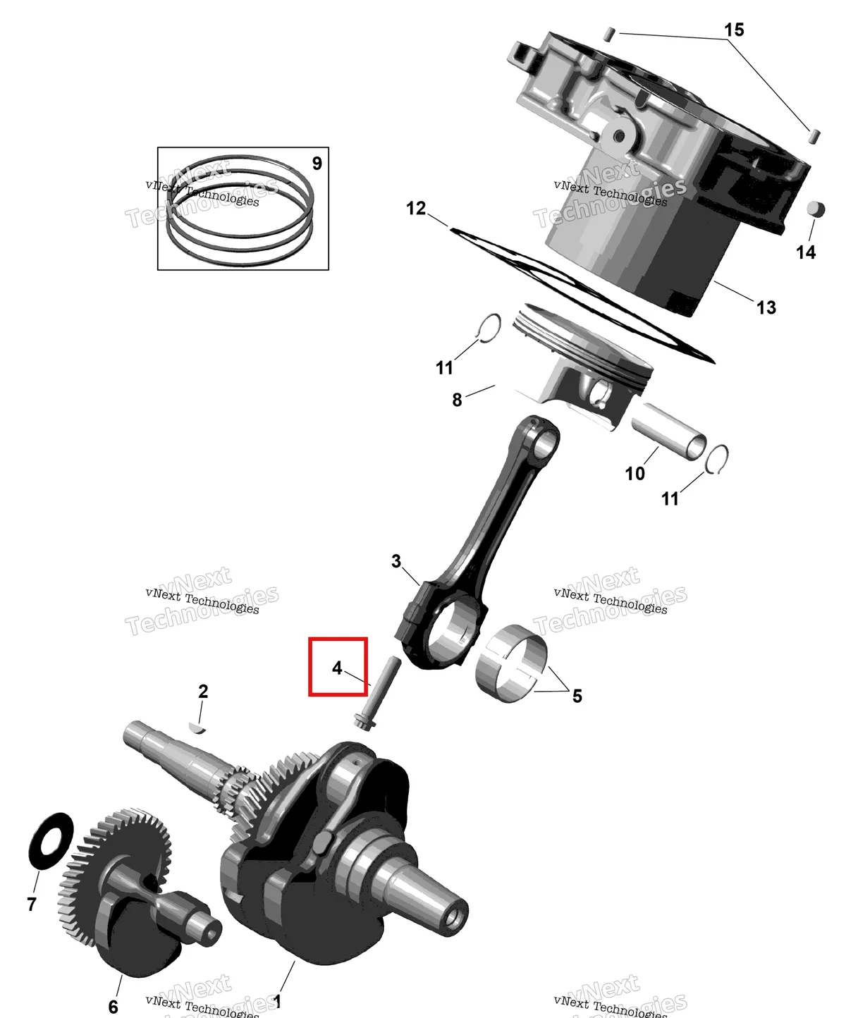 Деталь 420641475 (Деталь Connecting Rod Screw M9 X 1. Tightening Torque 40 Nm +70°) на схеме узла 2026 Can-Am OUTLANDER - 2X4 - STD - 500 - 1KTB - Legion Red Rotax - Crankshaft, Pistons And Cylinder