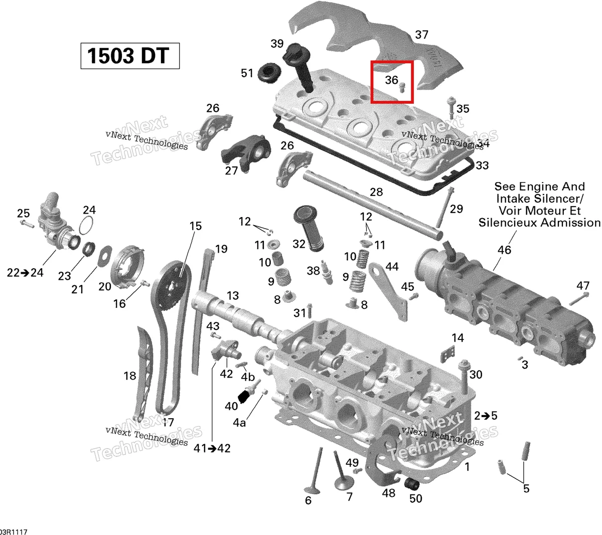 Деталь 420641488 (Деталь Screw M6 X 10) на схеме узла 2011 Sea-Doo GTS Pro 130 Cylinder Head