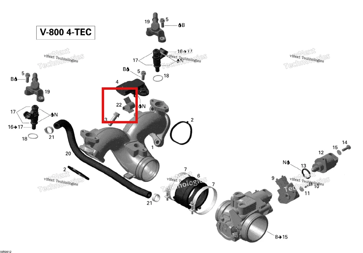 Деталь 420651030 (Деталь Wire Clamp) на схеме узла 2012 Ski-Doo Skandic SWT V800 YetiII Air Intake Manifold And Throttle Body