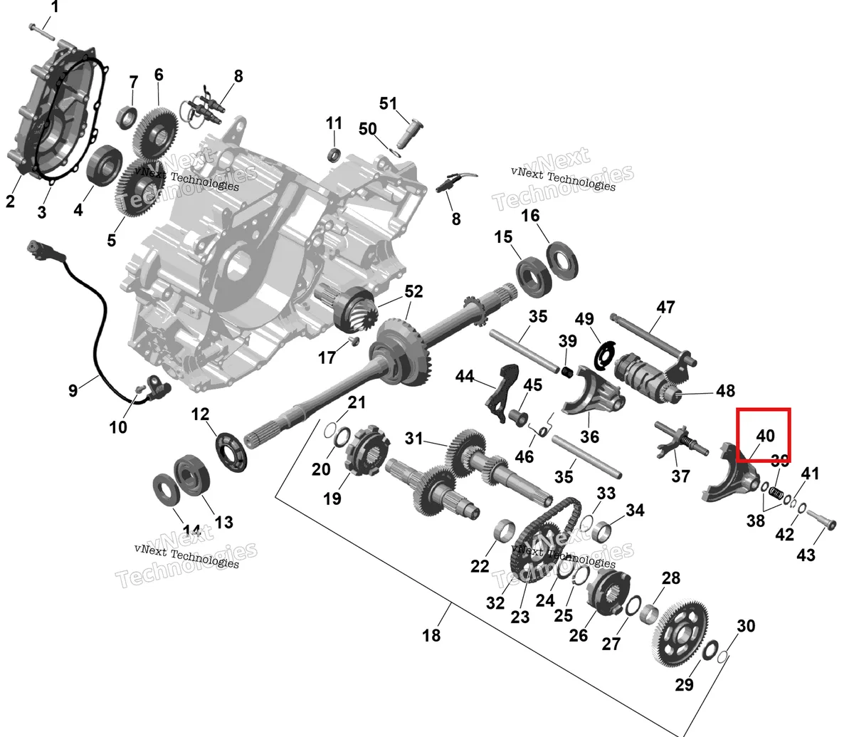 Деталь 420657685 (Переключение передач вилка в сборе Can-Am Outlander 4x4 XT 1000R (2025) (420657685)) на схеме узла 2026 Can-Am OUTLANDER - 2X4 - STD - 500 - 1KTB - Legion Red Rotax - Gearbox