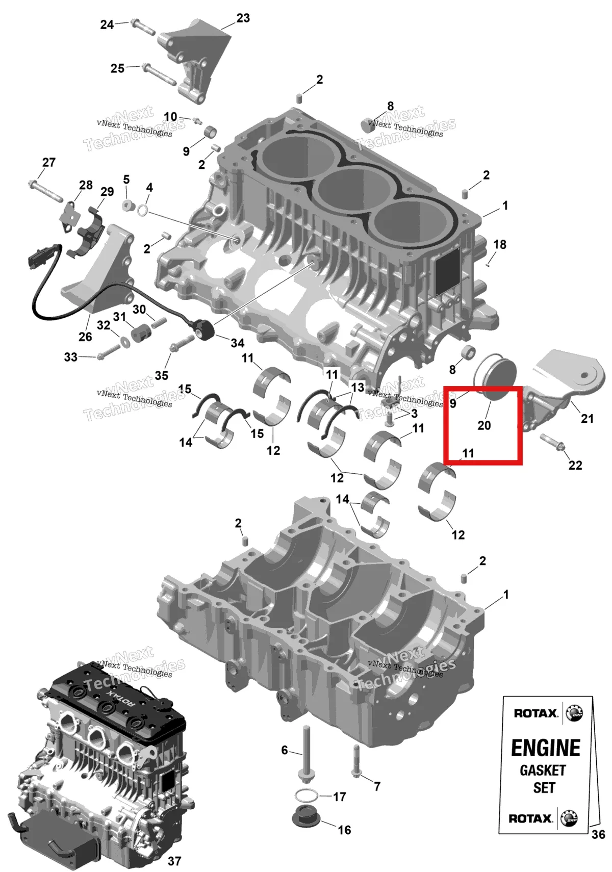 Деталь 420660110 на схеме узла 2026 Sea-Doo GTX - 300 - STD - 15TA - Blue Abyss - Audio Rotax - Crankcase