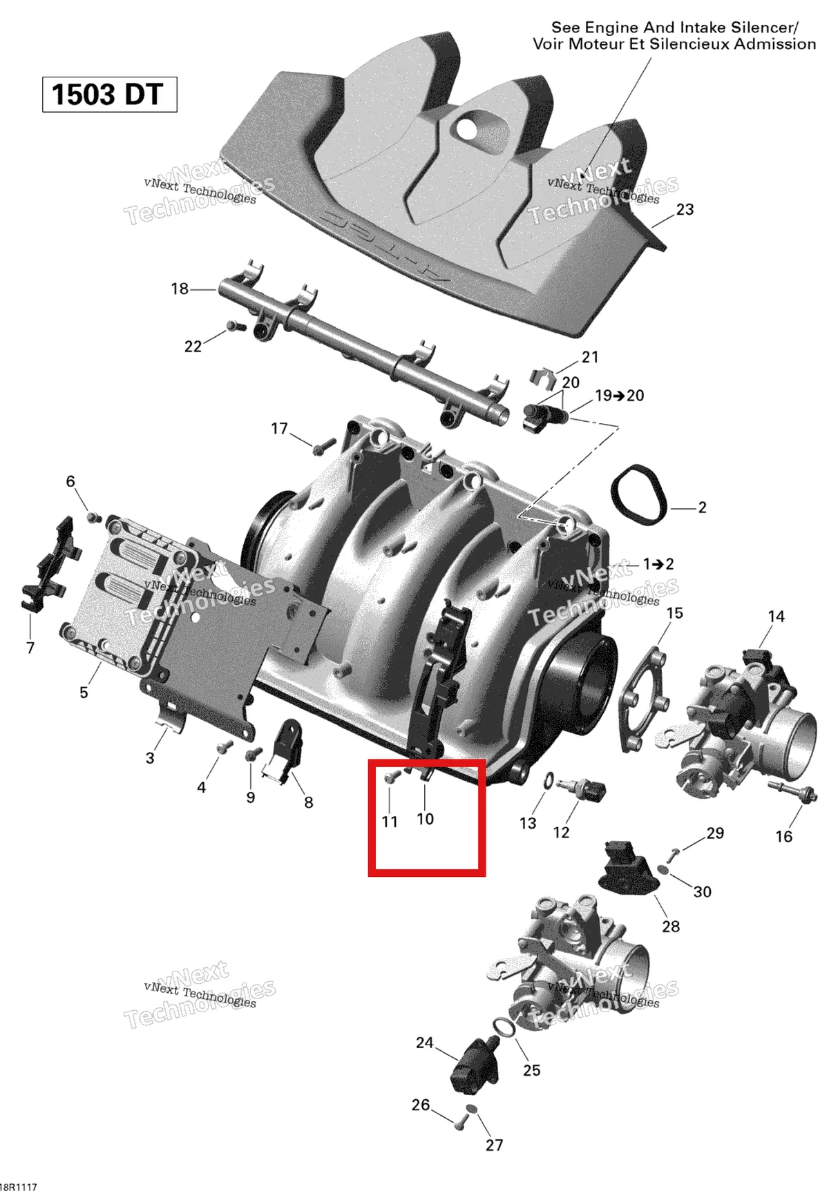Деталь 420660410 на схеме узла 2011 Sea-Doo GTS Pro 130 Air Intake Manifold And Throttle Body