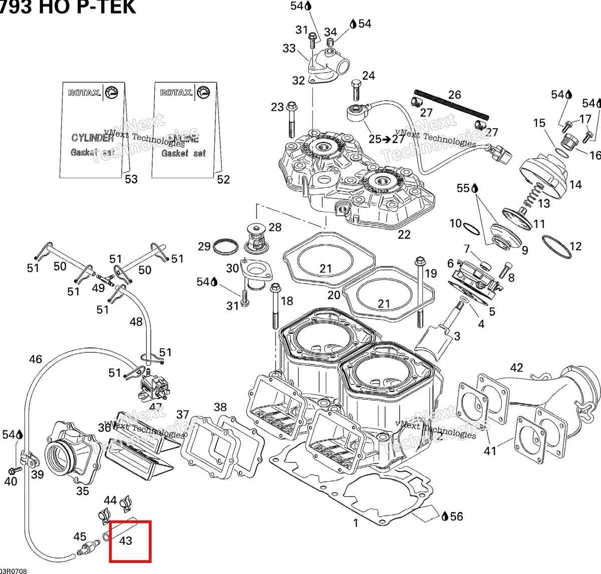 Деталь 420660561 (Деталь Pressure Line, 50mm) на схеме узла 2007 Ski-Doo MX Z XRS 800 HO PTEK Cylinder, Exhaust Manifold And Reed Valve