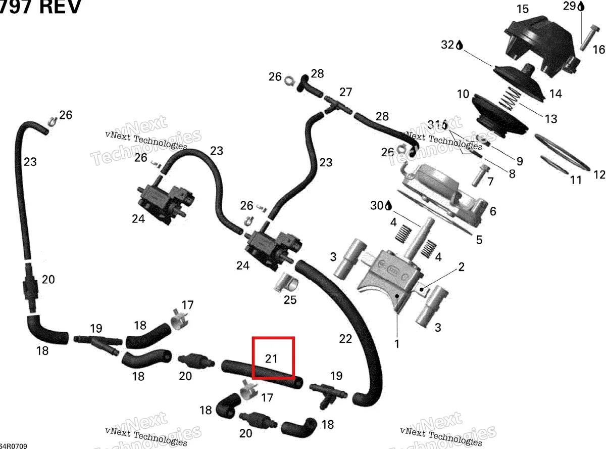 Деталь 420660564 (Деталь Pressure Line, 100mm) на схеме узла 2007 Ski-Doo Summit X 3D Rave