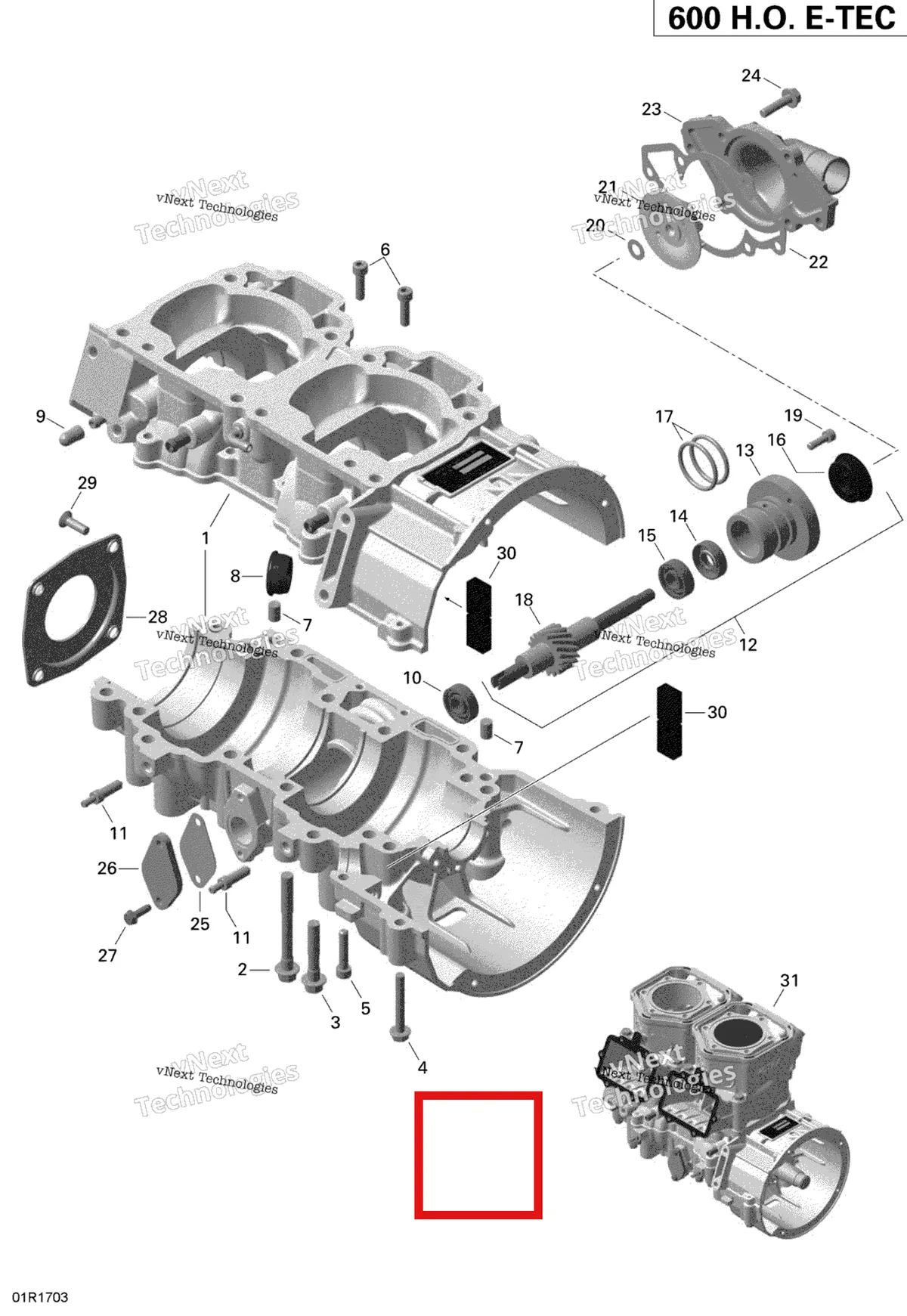 Деталь 420660890 (уплотнетель кабеля) на схеме узла 2020 Ski-Doo SKANDIC WT 600HO E-TEC Engine - Crankcase And Water Pump - 600Ho E-Tec