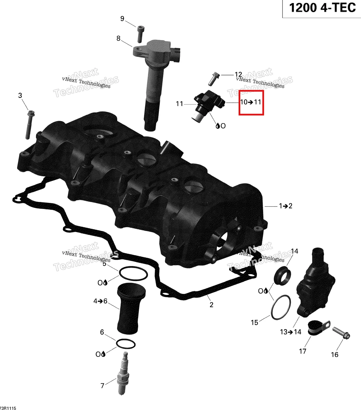 Деталь 420664044 (Распредвал датчик Ski-Doo GTX LE 1200 4-TEC (2009) (420664044)) на схеме узла 2011 Ski-Doo Expedition LE 1200 XU Valve Cover
