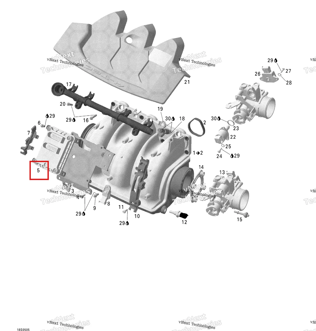 Деталь 420664133 на схеме узла 2005 Sea-Doo GTX 4-TEC, STD Air Intake Manifold