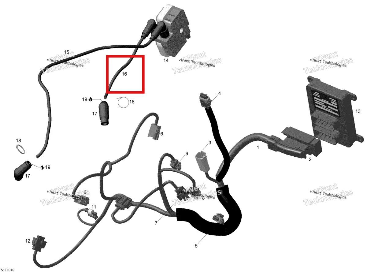Деталь 420664305 (Деталь Spark Plug Wire 245 Mm) на схеме узла 2010 Ski-Doo Skandic SWT V800 Engine Harness And Electronic Module