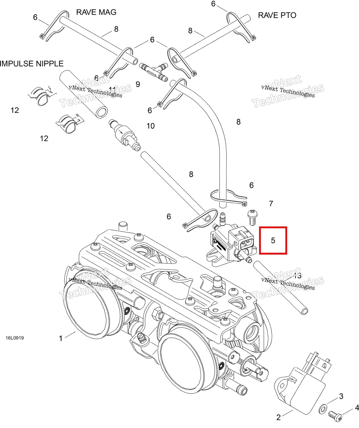 Деталь 420664630 (Клапан Соленоида) на схеме узла 2009 Ski-Doo Expedition TUV 600 H.O. SDI REV-XU Throttle Body