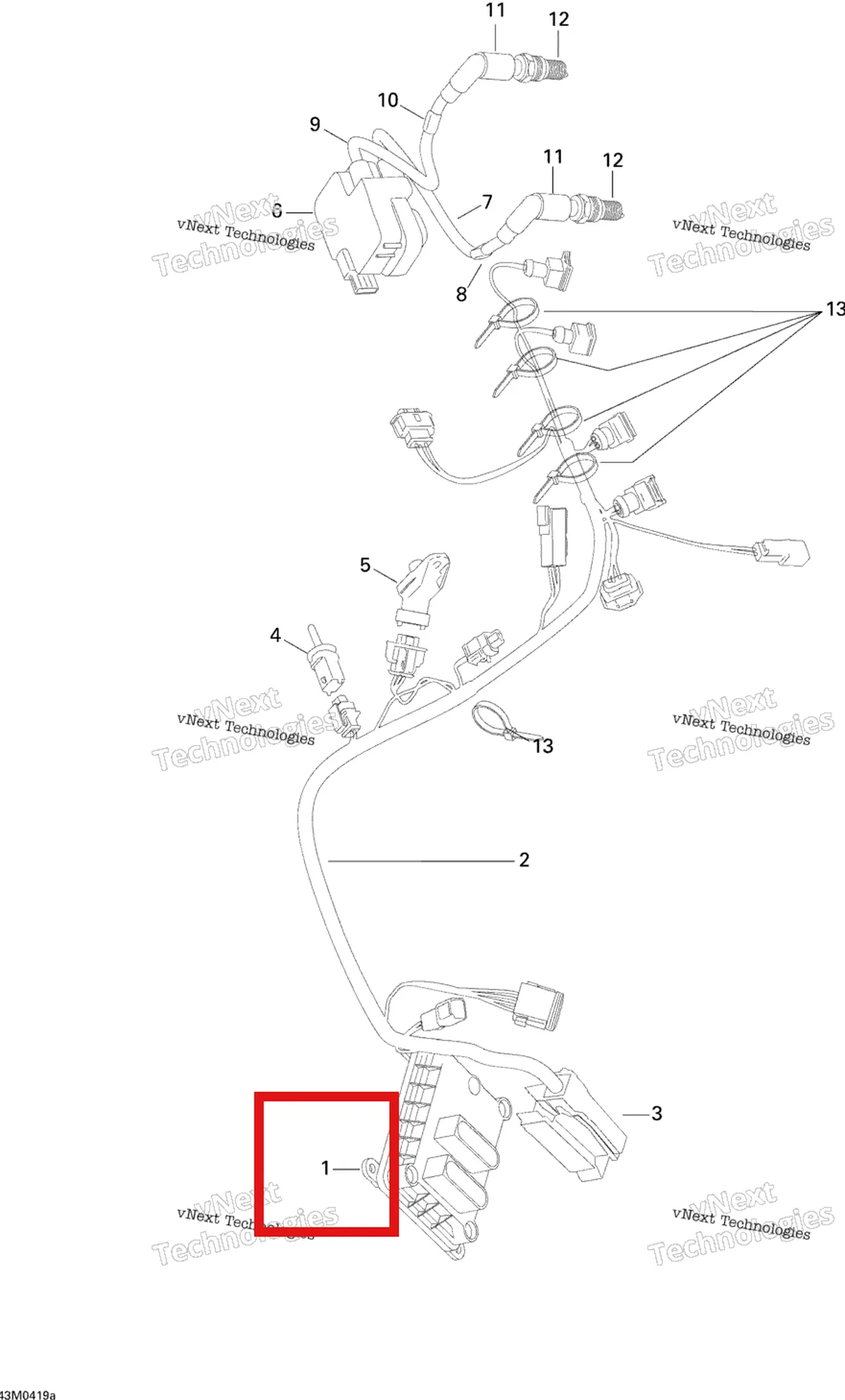 Деталь 420665025 на схеме узла 2005 Ski-Doo MX Z 600 HO SDI Renegade, Early Intro Engine Wiring Harness, Electronic Box And Ignition Coil