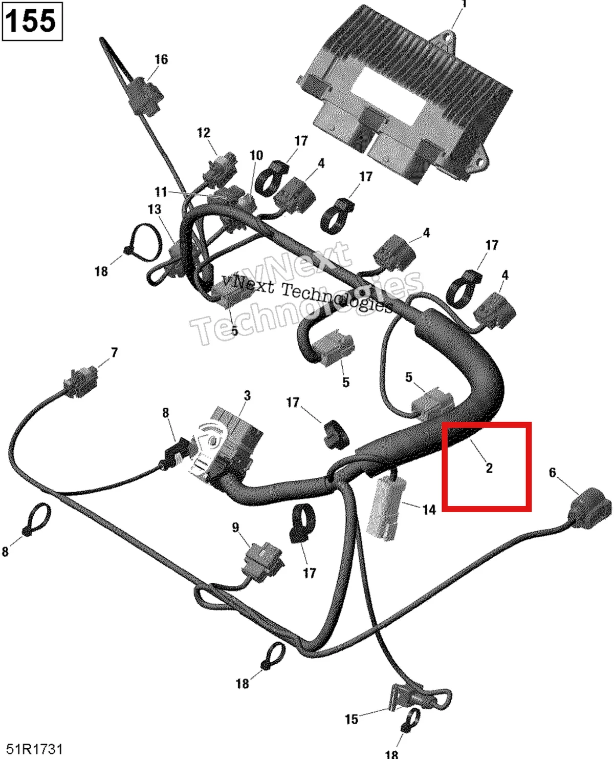 Деталь 420665215 на схеме узла 2017 Sea-Doo GTX Engine Harness And Electronic Module - 130-155 Model Without Suspension