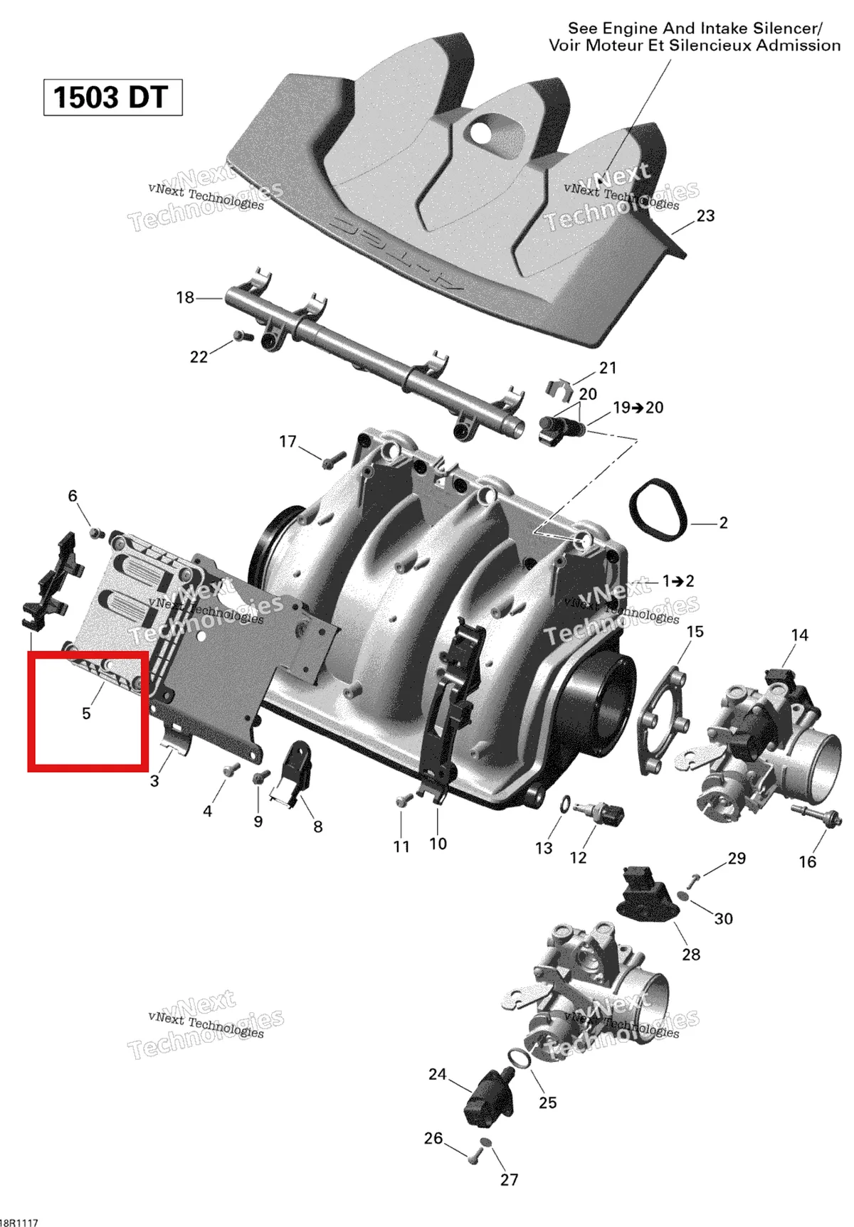 Деталь 420665357 на схеме узла 2011 Sea-Doo GTS Pro 130 Air Intake Manifold And Throttle Body