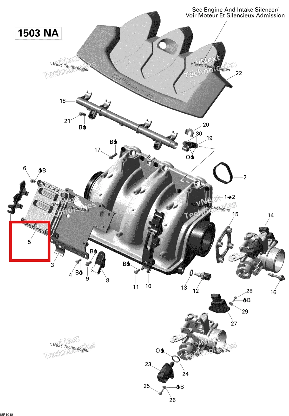 Деталь 420665783 на схеме узла 2010 Sea-Doo Wake 155 Air Intake Manifold And Throttle Body V1