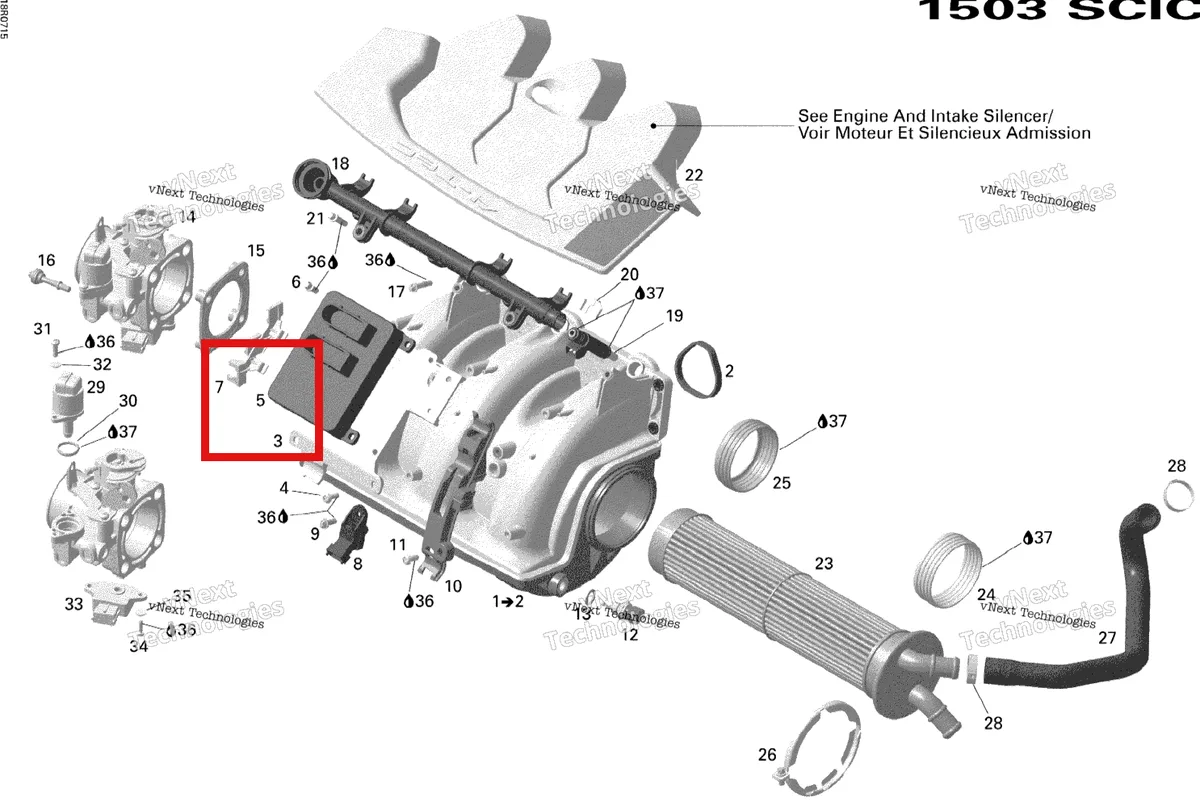 Деталь 420665785 на схеме узла 2007 Sea-Doo RXT Air Intake Manifold Sea-Doo