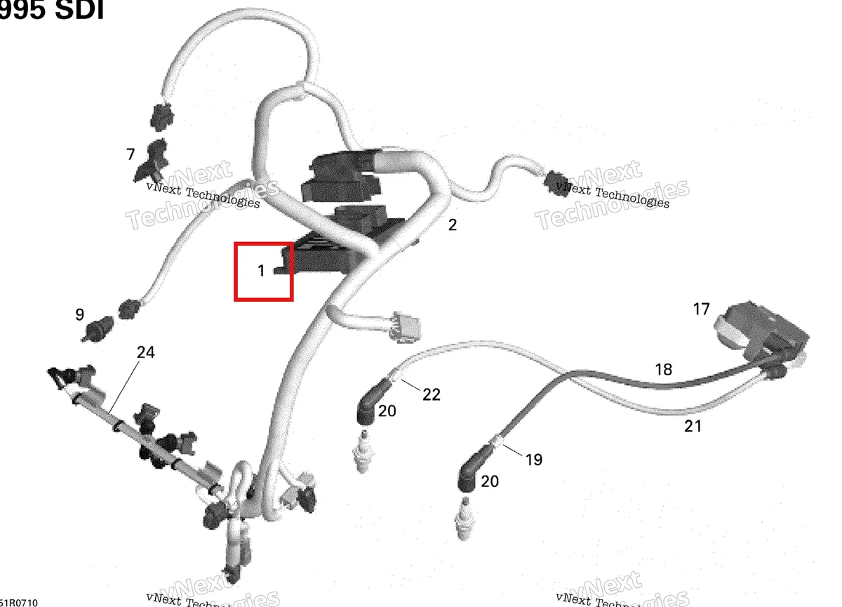Деталь 420665791 на схеме узла 2007 Ski-Doo MACH Z Adrenaline Engine Harness And Electronic Module, Mach, Mxz, Hm Eur