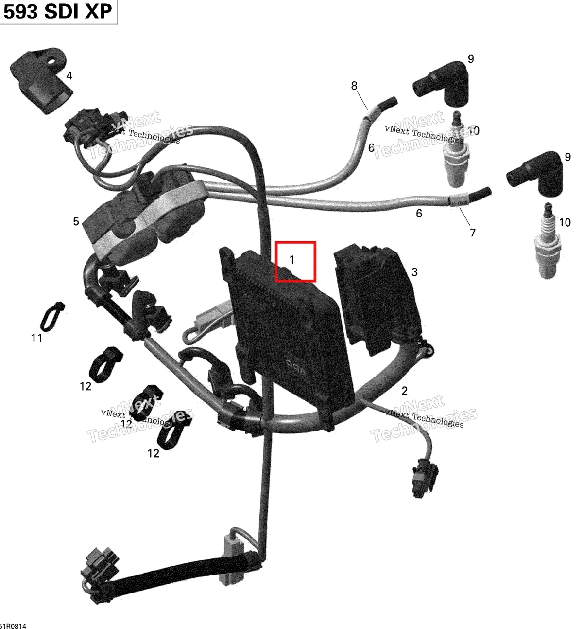 Деталь 420665872 (Электронный блок) на схеме узла 2008 Ski-Doo GSX LTD TOURING 600 HO SDI Engine Harness And Electronic Module