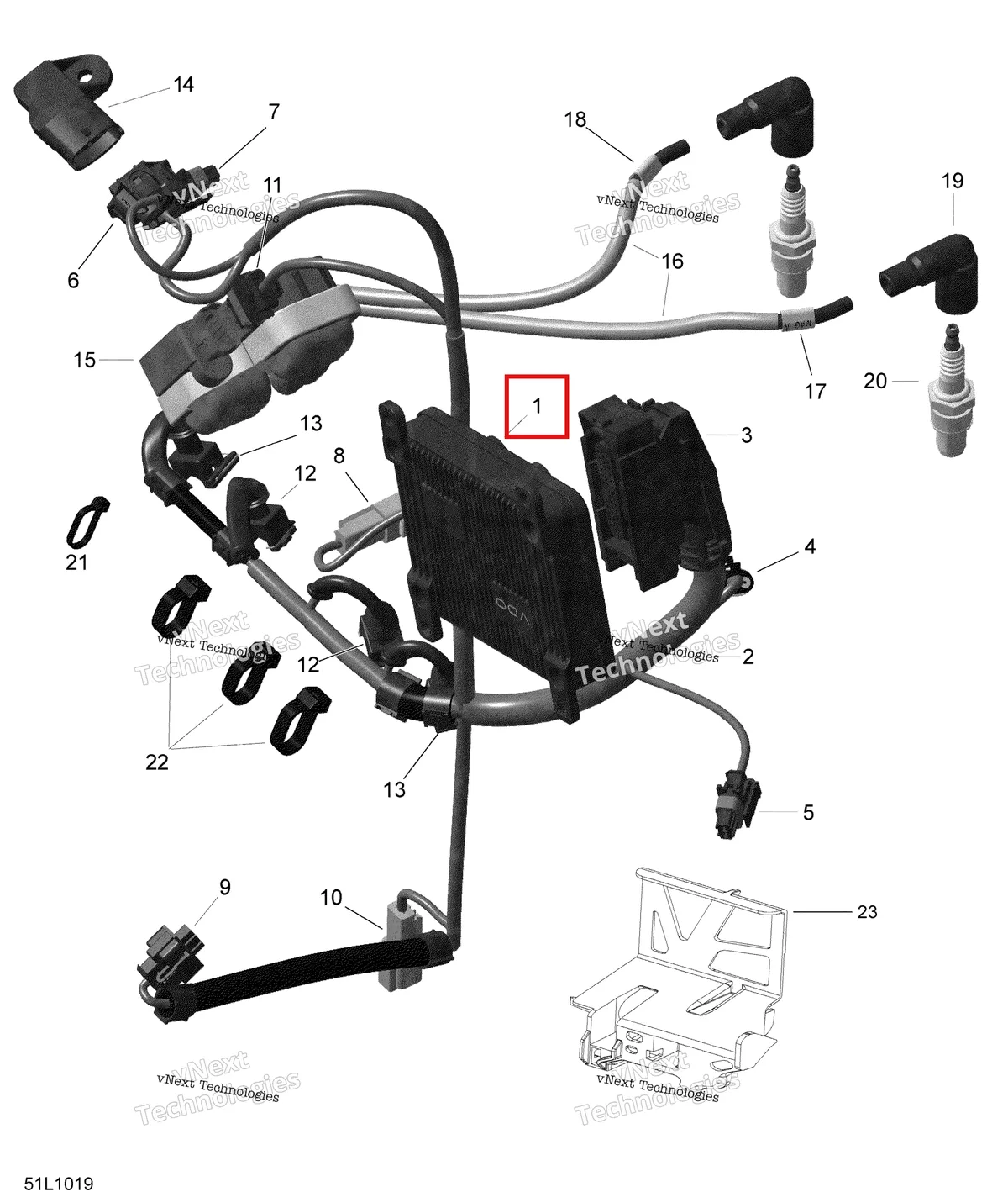 Деталь 420665874 на схеме узла 2010 Ski-Doo Expedition TUV SE 600HO SDI XU Engine Harness And Electronic Module