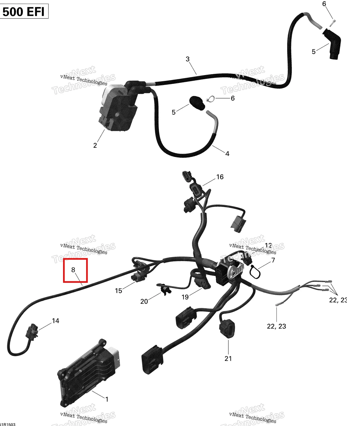 Деталь 420665908 (Двигатель жгут проводов включает 8 to 17 Can-Am Outlander 650 EFI STD DPS XT (2014) (420665908)) на схеме узла 2015 Can-Am OUTLANDER 500 EFI Engine Harness And Electronic Module Outlander