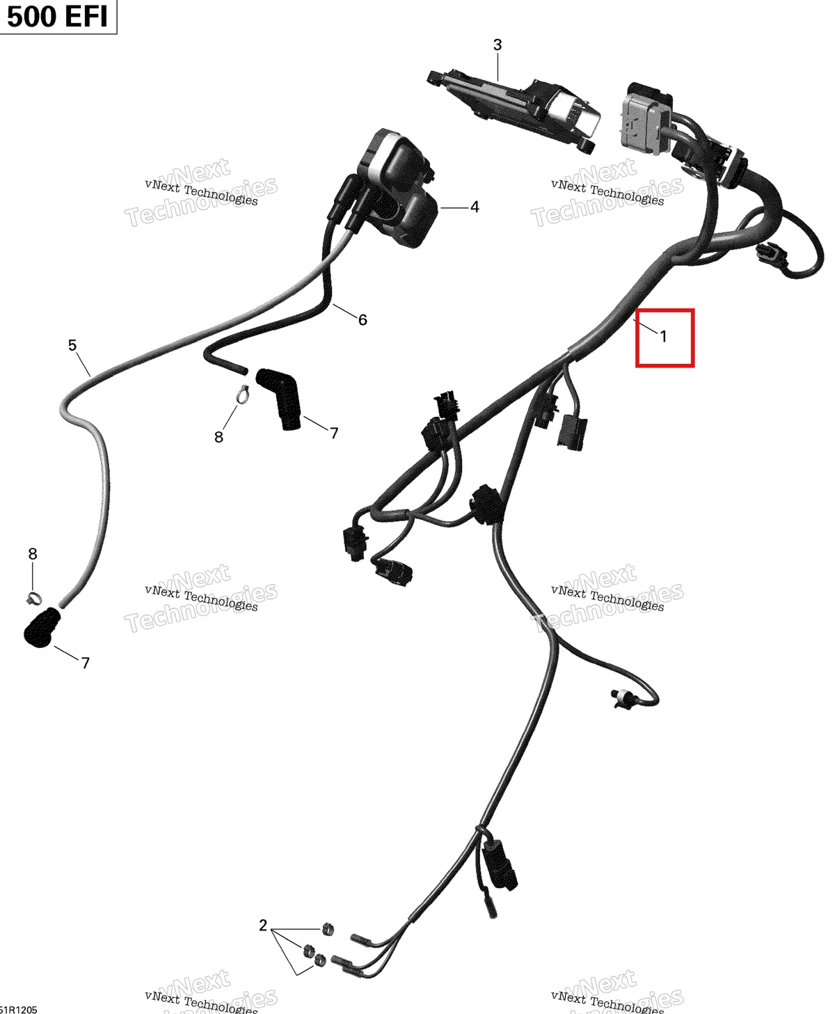 Деталь 420665909 на схеме узла 2012 Can-Am Outlander 500EFI STD & XT Engine Harness And Electronic Module