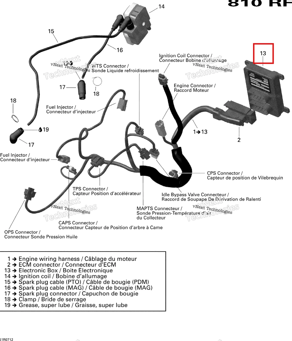 Деталь 420665910 (Электронный блок) на схеме узла 2007 Ski-Doo Expedition Sport V-800 Engine Harness And Electronic Module