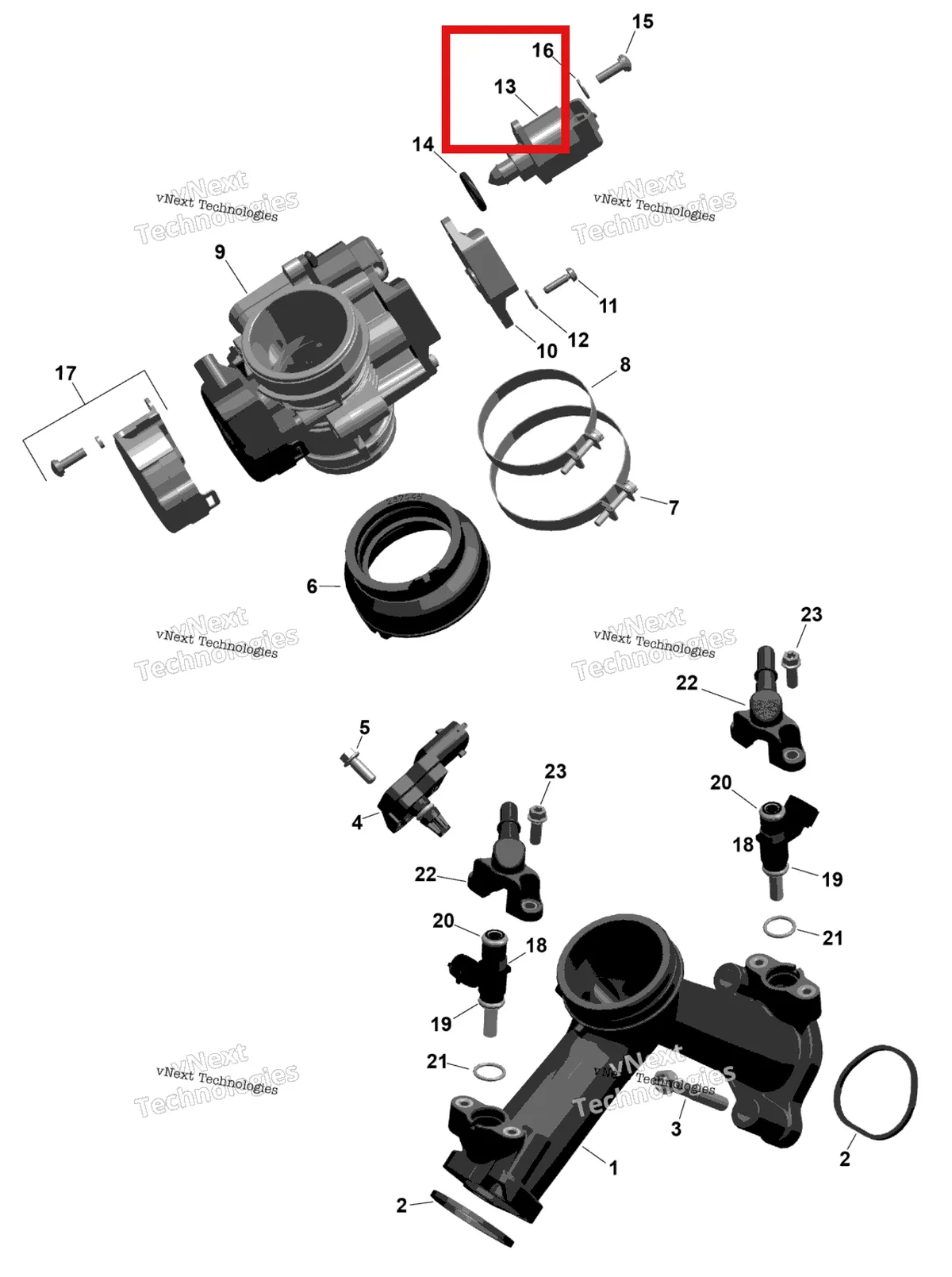 Деталь 420665941 на схеме узла 2025 Can-Am OUT-MAX - 6X6 - XT - 1000 EFI - 5ZSA - Boreal Green Rotax - Air Intake Manifold And Throttle Body